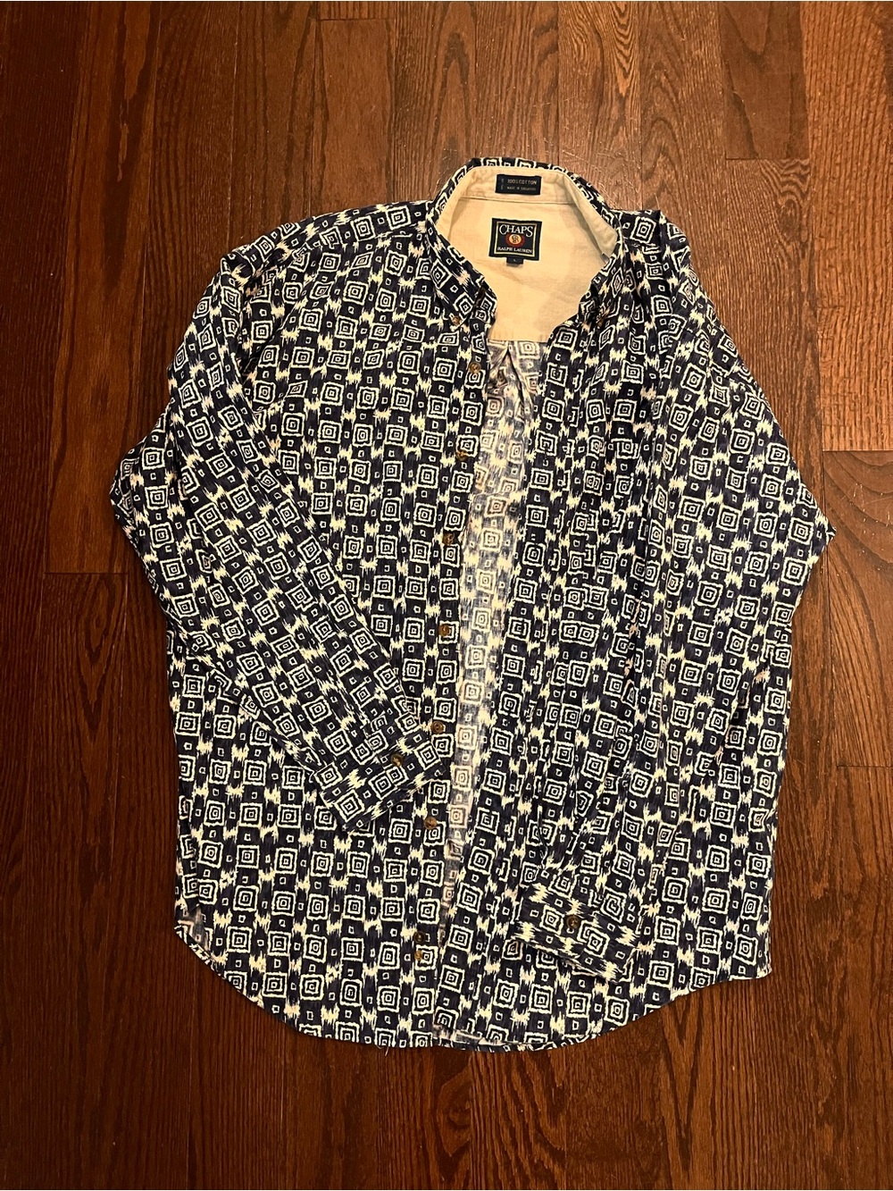Ralph Lauren Navy and White Geometric Print Button-Up Shirt Size L